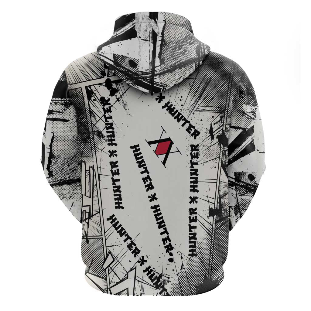 Killua Silva Illumi Team Design Zip Hoodie with Monochrome Graffiti Background and Hunter Association Symbols - The Mazicc