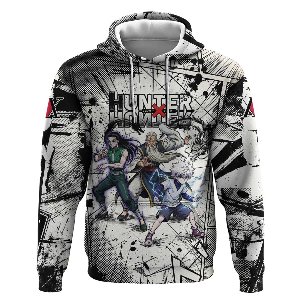 Killua Silva Illumi Team Design Zip Hoodie with Monochrome Graffiti Background and Hunter Association Symbols - The Mazicc
