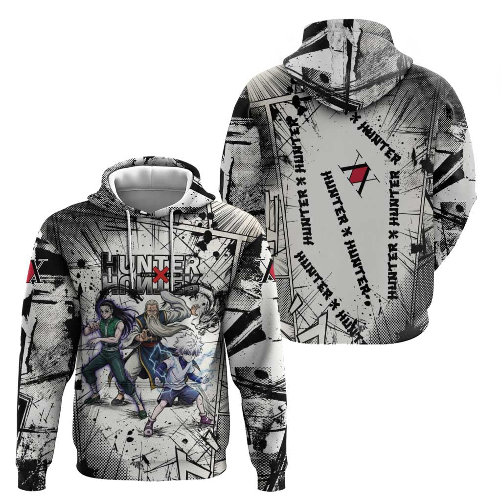 Killua Silva Illumi Team Design Zip Hoodie with Monochrome Graffiti Background and Hunter Association Symbols - The Mazicc