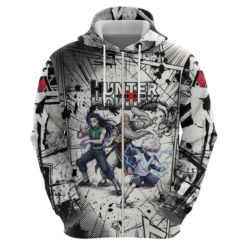 Killua Silva Illumi Team Design Zip Hoodie with Monochrome Graffiti Background and Hunter Association Symbols - The Mazicc