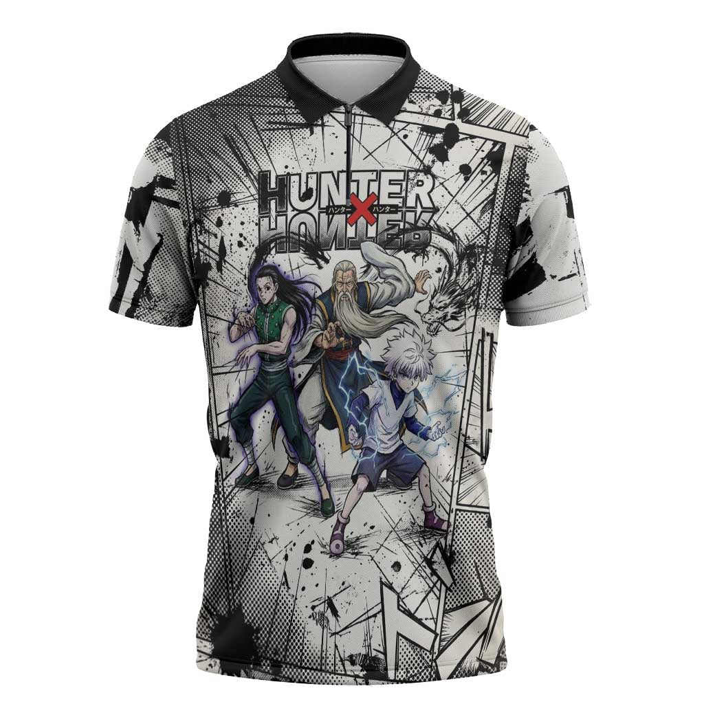 Killua Silva Illumi Team Design Zipper Polo Shirt with Monochrome Graffiti Background and Hunter Association Symbols - The Mazicc