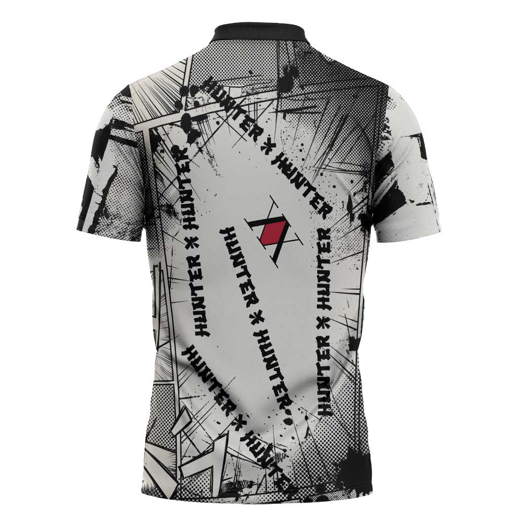 Killua Silva Illumi Team Design Zipper Polo Shirt with Monochrome Graffiti Background and Hunter Association Symbols - The Mazicc