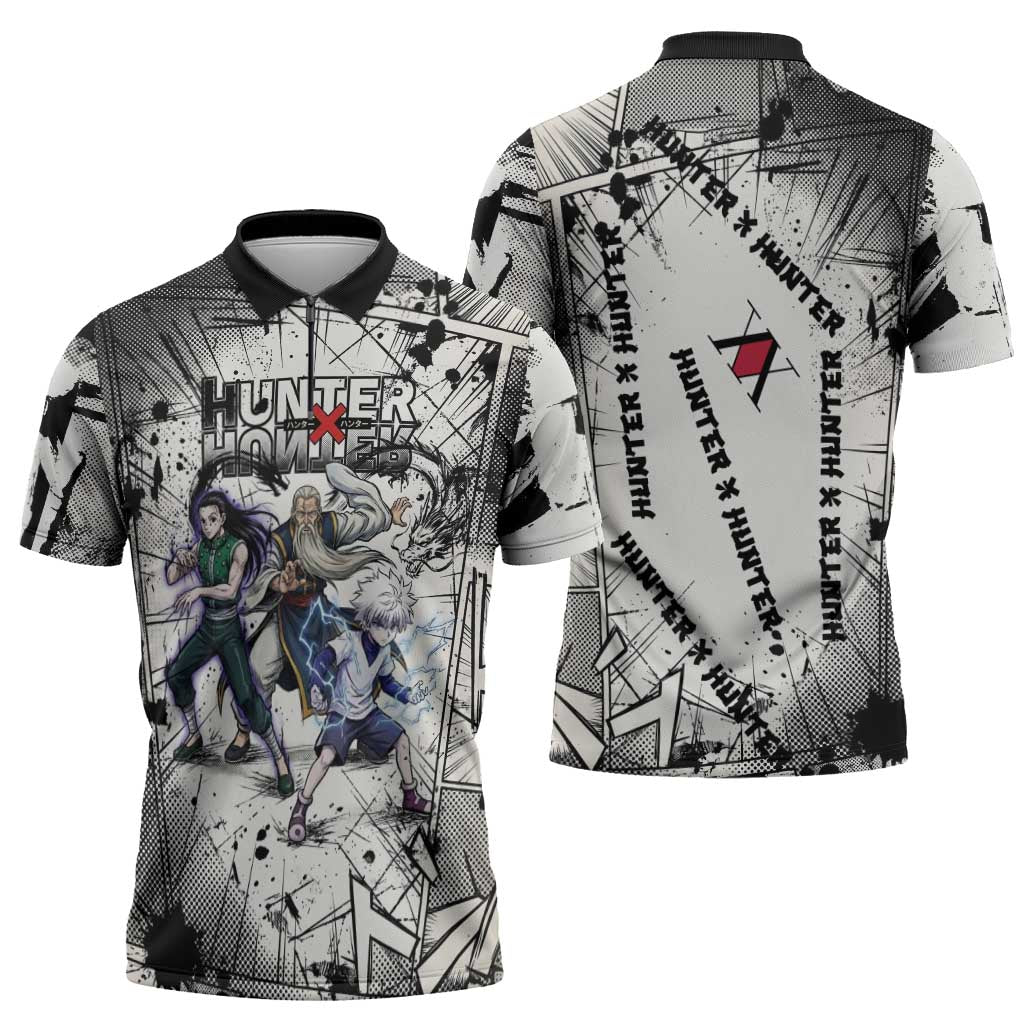 Killua Silva Illumi Team Design Zipper Polo Shirt with Monochrome Graffiti Background and Hunter Association Symbols - The Mazicc