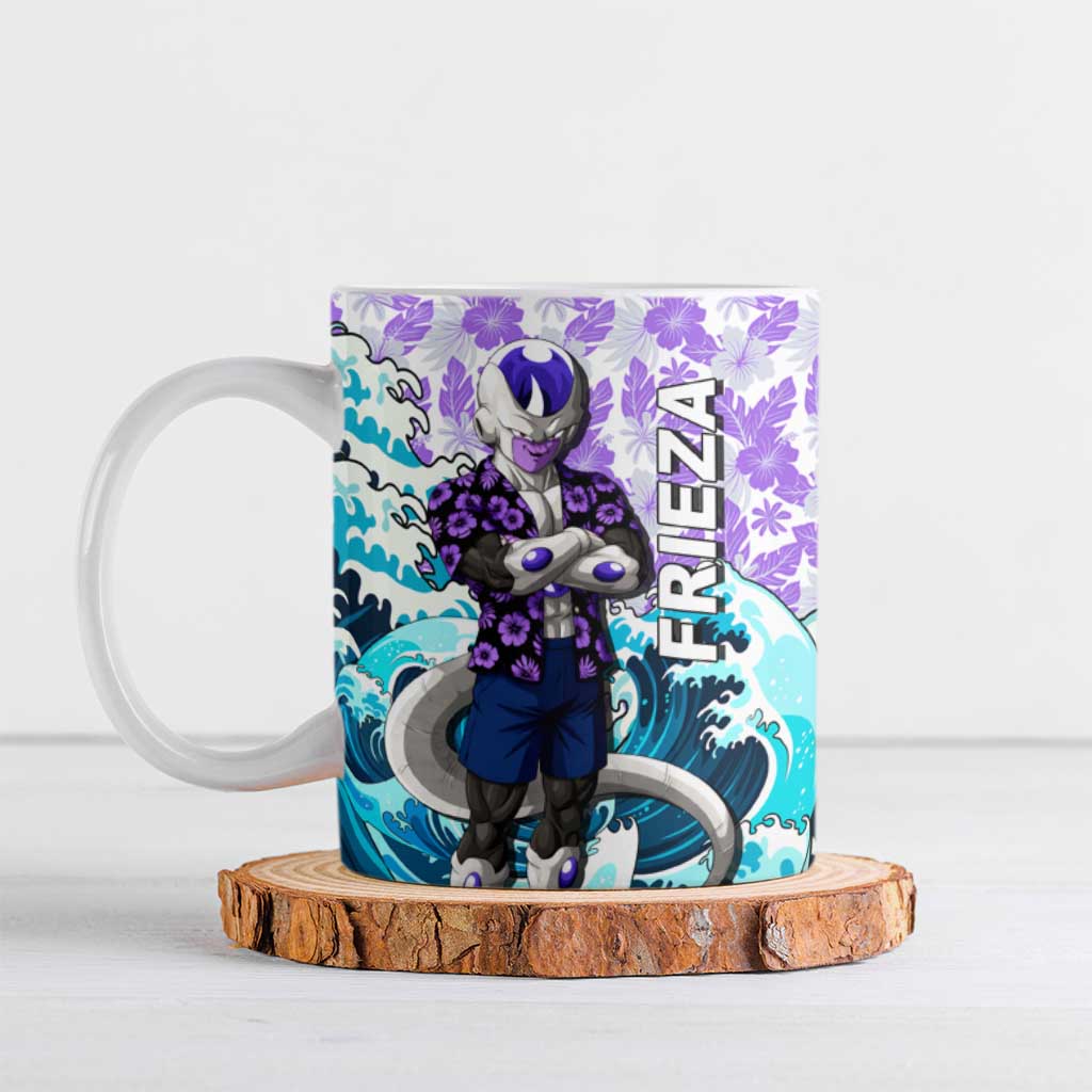 Frieza Dragon Ball Summer Theme Ceramic Mug with Volleyball Floral Shirt and Shenron Tropical Design - The Mazicc