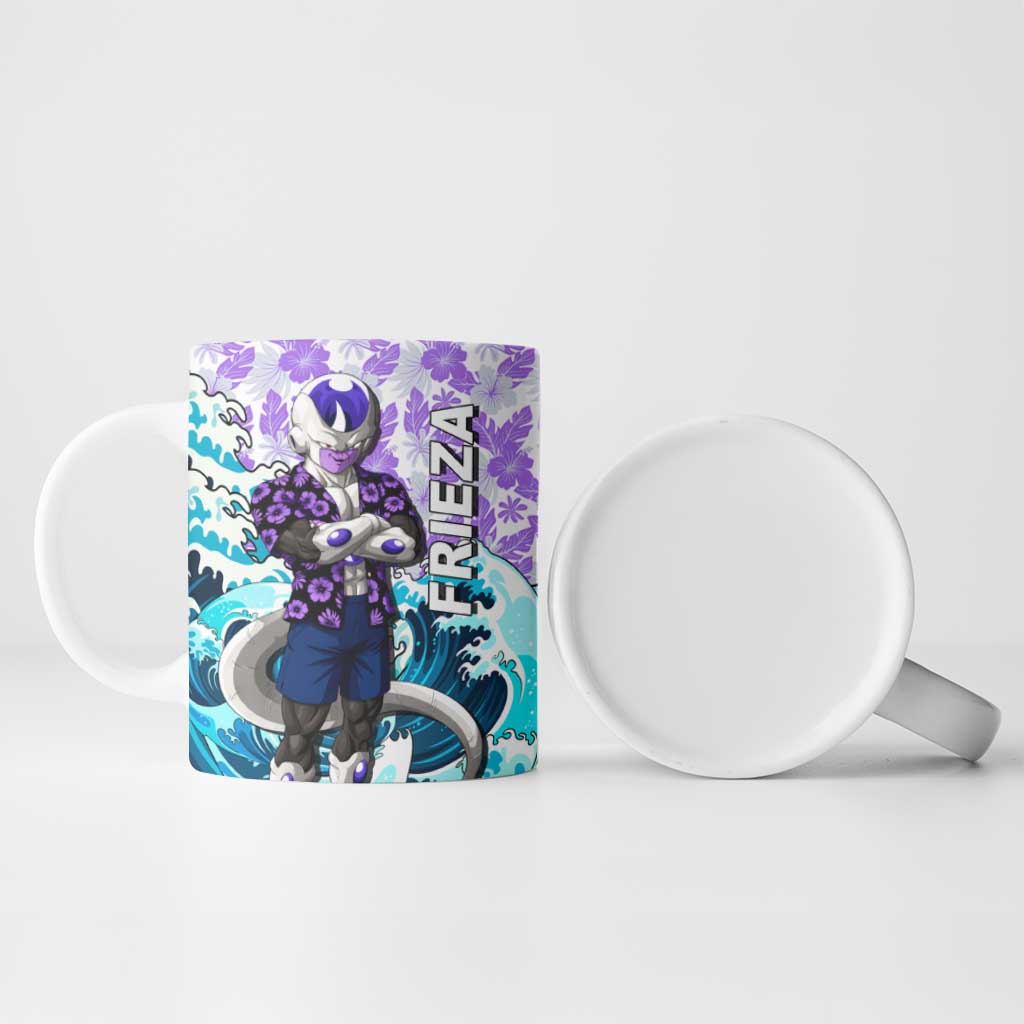 Frieza Dragon Ball Summer Theme Ceramic Mug with Volleyball Floral Shirt and Shenron Tropical Design - The Mazicc