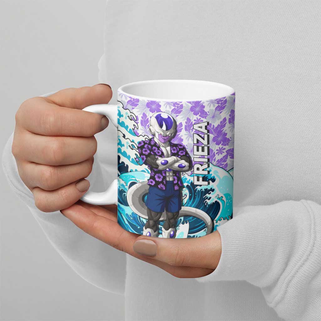 Frieza Dragon Ball Summer Theme Ceramic Mug with Volleyball Floral Shirt and Shenron Tropical Design - The Mazicc