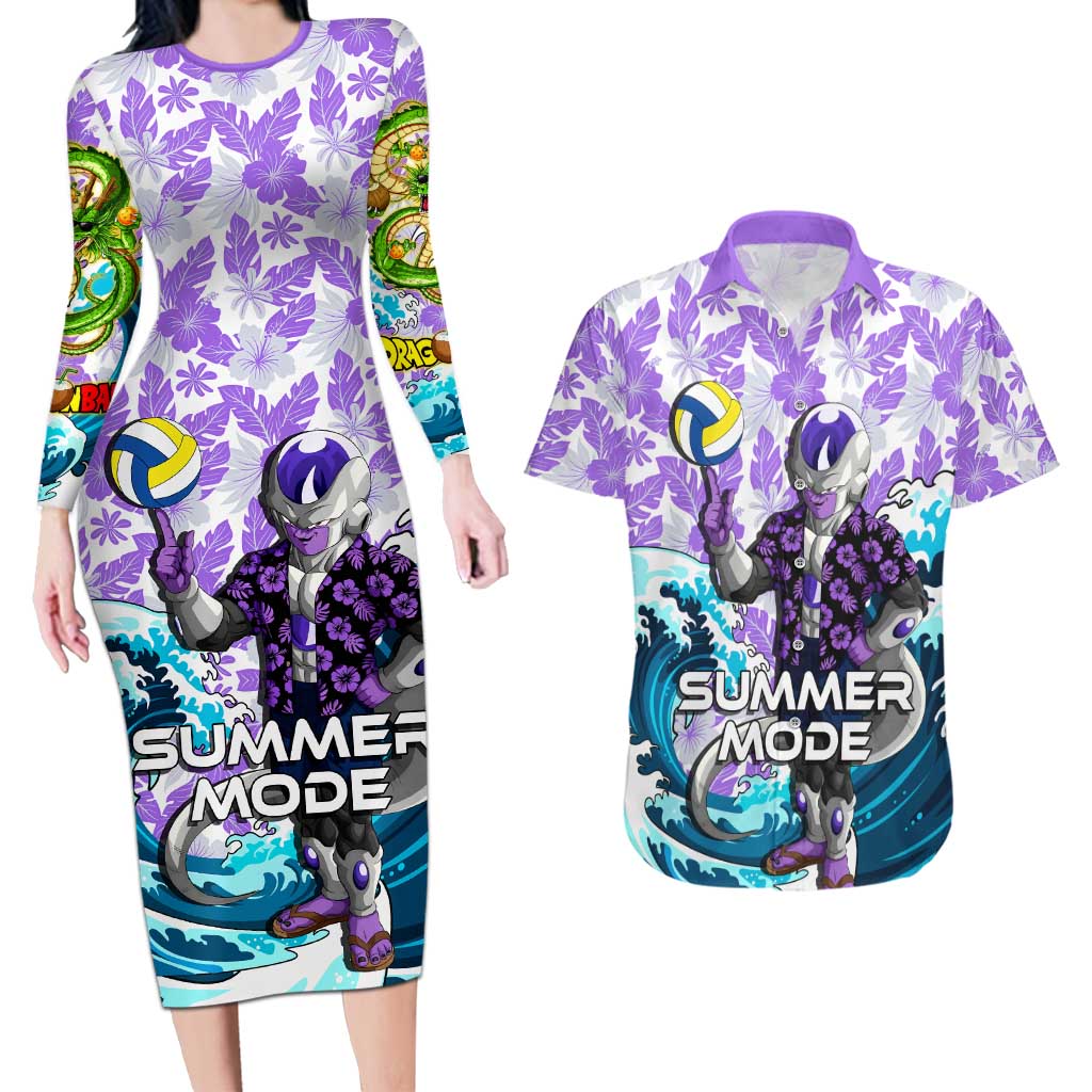 Frieza Dragon Ball Summer Theme Couples Matching Long Sleeve Bodycon Dress and Hawaiian Shirt with Volleyball Floral Shirt and Shenron Tropical Design - The Mazicc