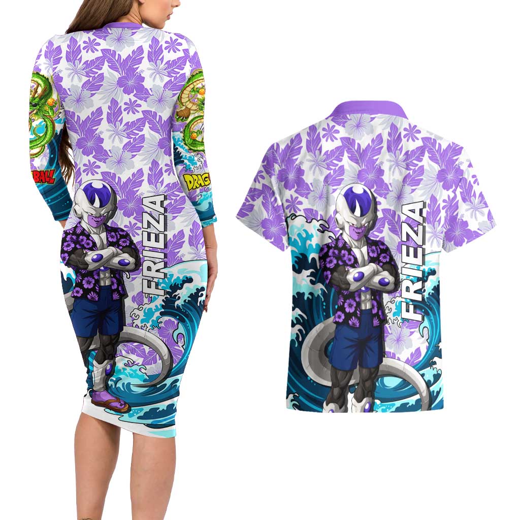 Frieza Dragon Ball Summer Theme Couples Matching Long Sleeve Bodycon Dress and Hawaiian Shirt with Volleyball Floral Shirt and Shenron Tropical Design - The Mazicc