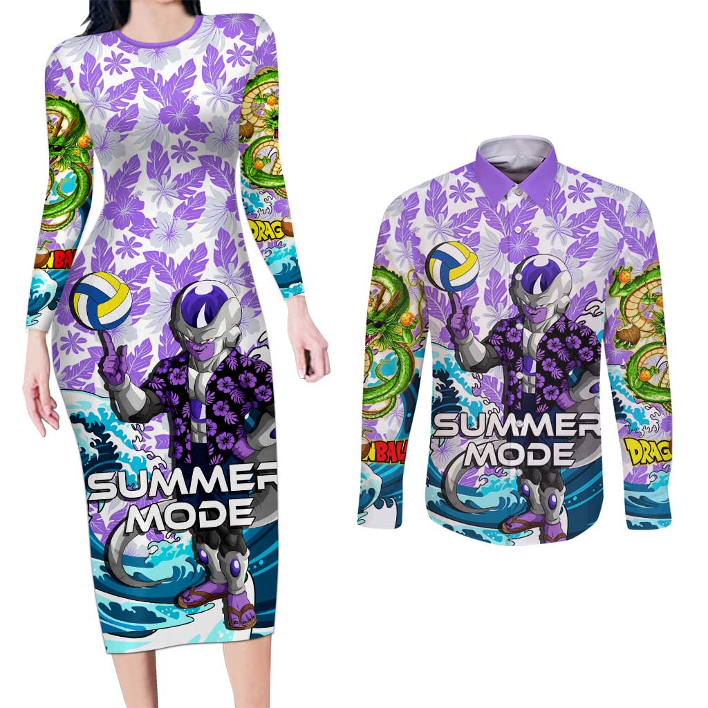 Frieza Dragon Ball Summer Theme Couples Matching Long Sleeve Bodycon Dress and Long Sleeve Button Shirt with Volleyball Floral Shirt and Shenron Tropical Design - The Mazicc