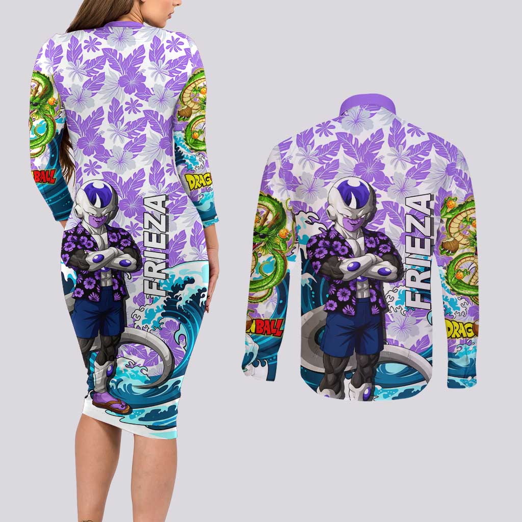 Frieza Dragon Ball Summer Theme Couples Matching Long Sleeve Bodycon Dress and Long Sleeve Button Shirt with Volleyball Floral Shirt and Shenron Tropical Design - The Mazicc