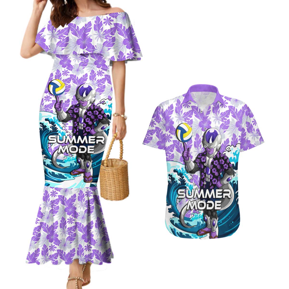 Frieza Dragon Ball Summer Theme Couples Matching Mermaid Dress and Hawaiian Shirt with Volleyball Floral Shirt and Shenron Tropical Design - The Mazicc