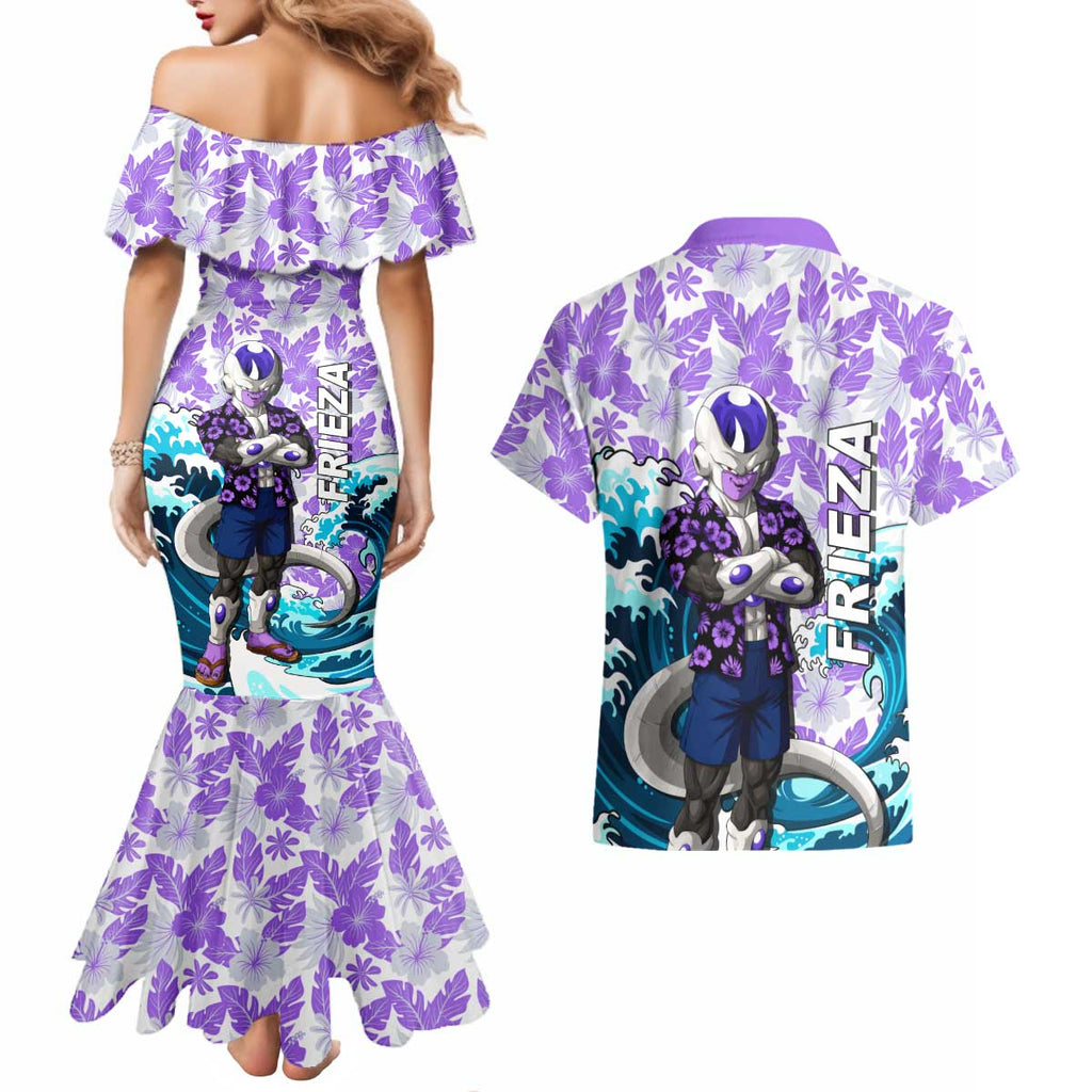 Frieza Dragon Ball Summer Theme Couples Matching Mermaid Dress and Hawaiian Shirt with Volleyball Floral Shirt and Shenron Tropical Design - The Mazicc