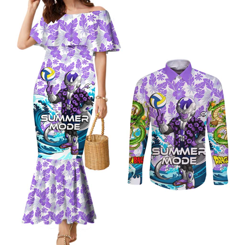 Frieza Dragon Ball Summer Theme Couples Matching Mermaid Dress and Long Sleeve Button Shirt with Volleyball Floral Shirt and Shenron Tropical Design - The Mazicc