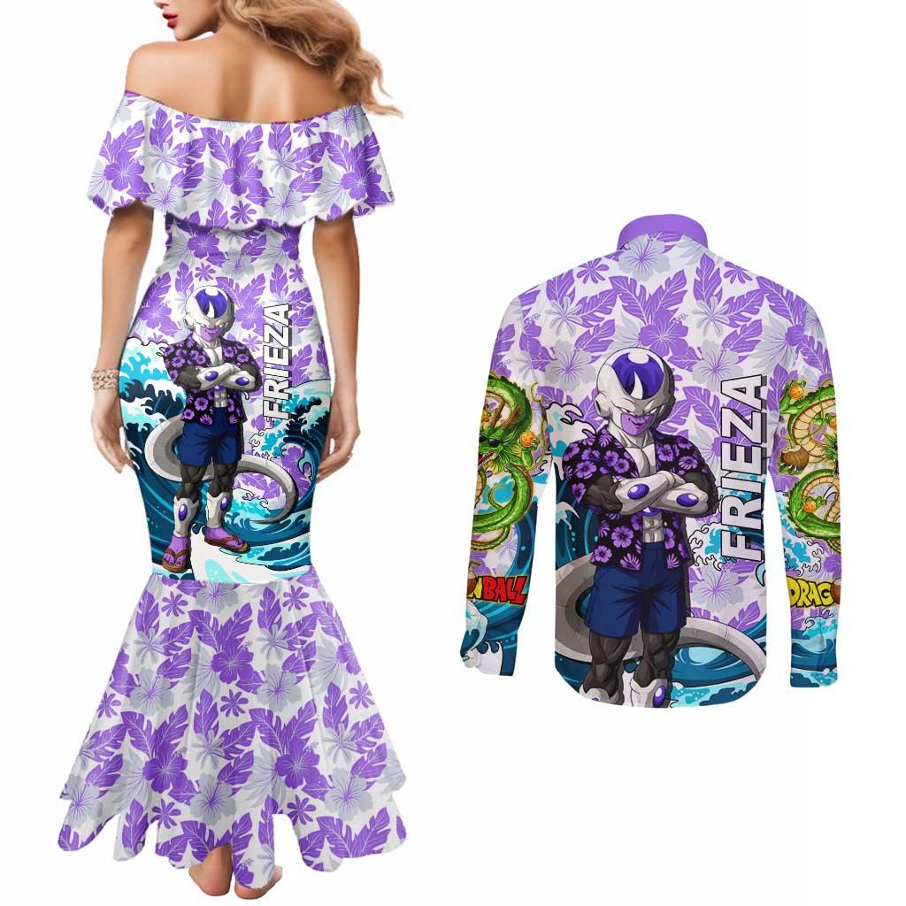 Frieza Dragon Ball Summer Theme Couples Matching Mermaid Dress and Long Sleeve Button Shirt with Volleyball Floral Shirt and Shenron Tropical Design - The Mazicc