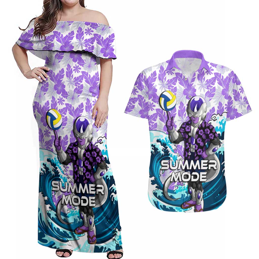 Frieza Dragon Ball Summer Theme Couples Matching Off Shoulder Maxi Dress and Hawaiian Shirt with Volleyball Floral Shirt and Shenron Tropical Design - The Mazicc