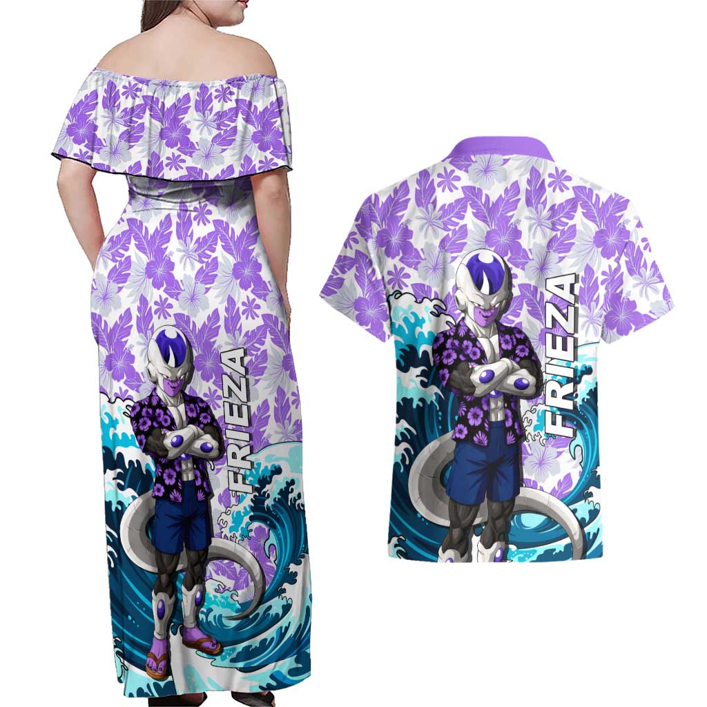Frieza Dragon Ball Summer Theme Couples Matching Off Shoulder Maxi Dress and Hawaiian Shirt with Volleyball Floral Shirt and Shenron Tropical Design - The Mazicc