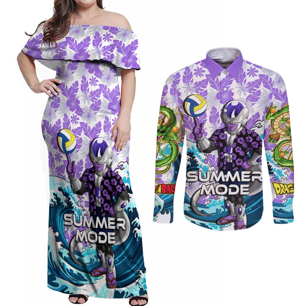 Frieza Dragon Ball Summer Theme Couples Matching Off Shoulder Maxi Dress and Long Sleeve Button Shirt with Volleyball Floral Shirt and Shenron Tropical Design - The Mazicc