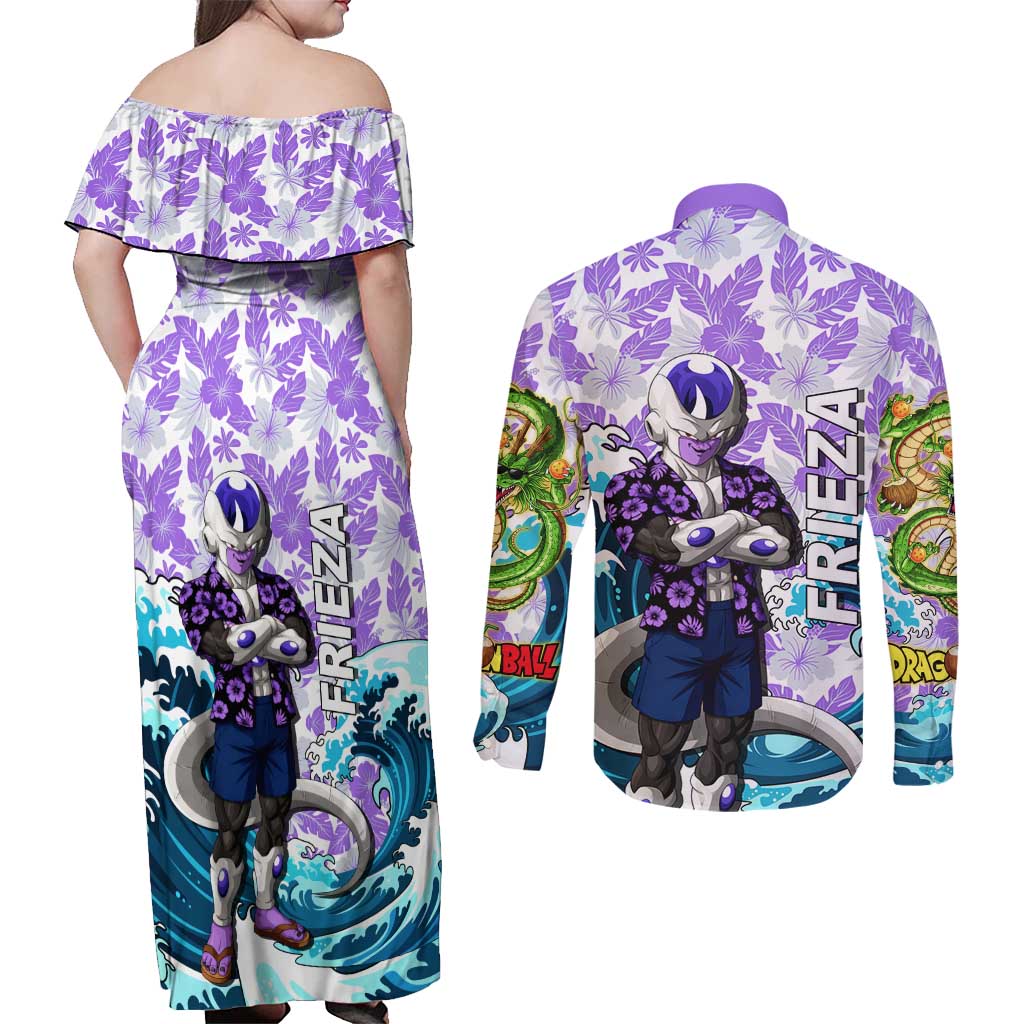 Frieza Dragon Ball Summer Theme Couples Matching Off Shoulder Maxi Dress and Long Sleeve Button Shirt with Volleyball Floral Shirt and Shenron Tropical Design - The Mazicc