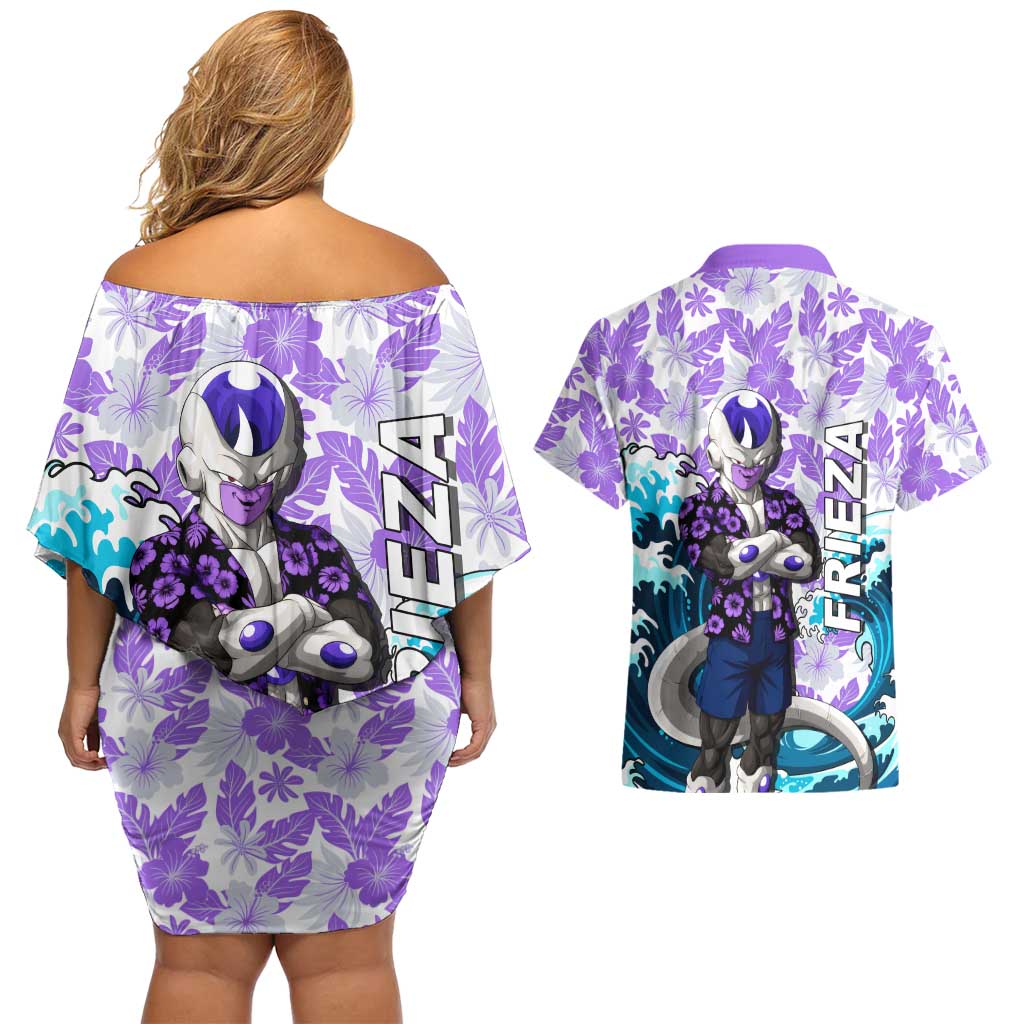 Frieza Dragon Ball Summer Theme Couples Matching Off Shoulder Short Dress and Hawaiian Shirt with Volleyball Floral Shirt and Shenron Tropical Design - The Mazicc