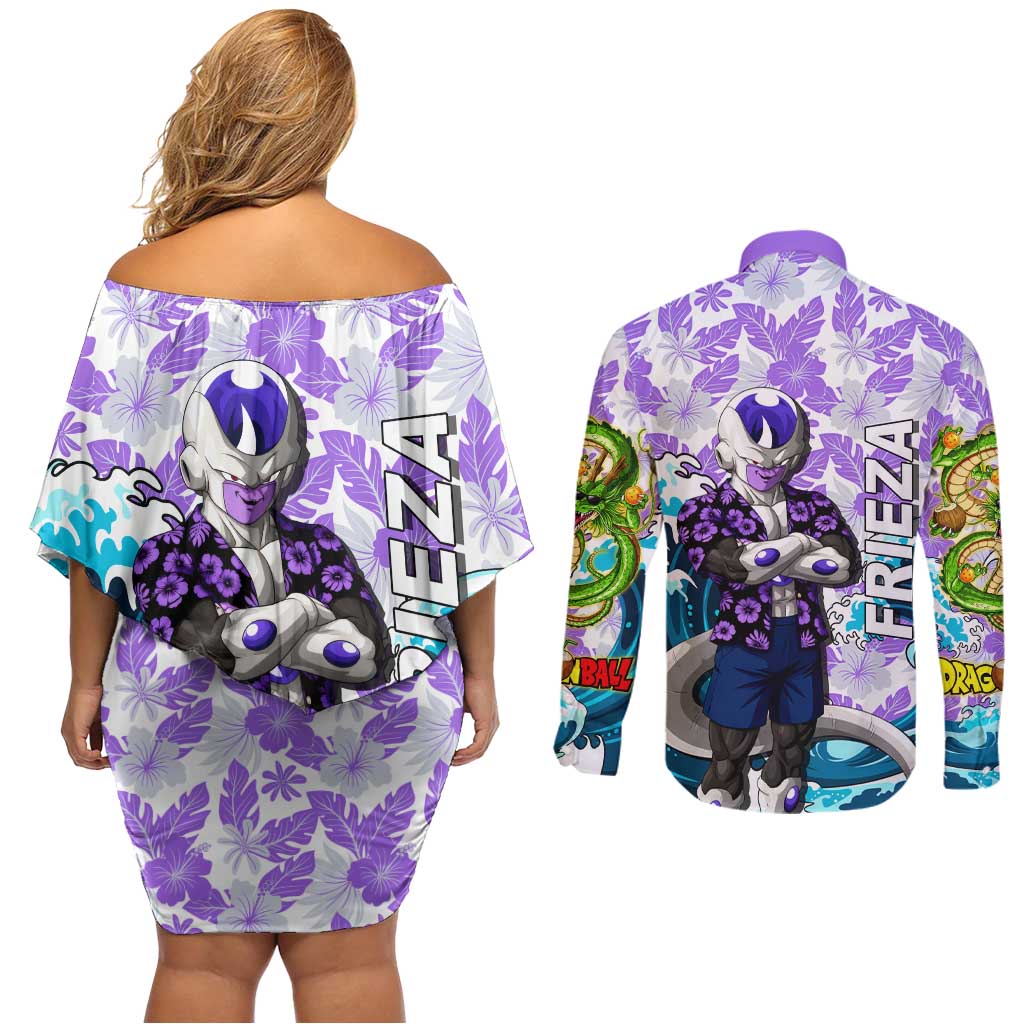 Frieza Dragon Ball Summer Theme Couples Matching Off Shoulder Short Dress and Long Sleeve Button Shirt with Volleyball Floral Shirt and Shenron Tropical Design - The Mazicc
