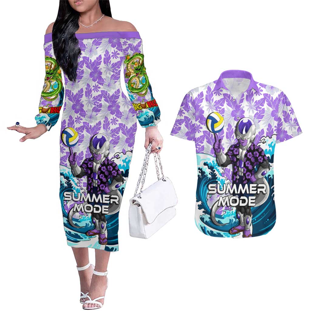 Frieza Dragon Ball Summer Theme Couples Matching Off The Shoulder Long Sleeve Dress and Hawaiian Shirt with Volleyball Floral Shirt and Shenron Tropical Design - The Mazicc