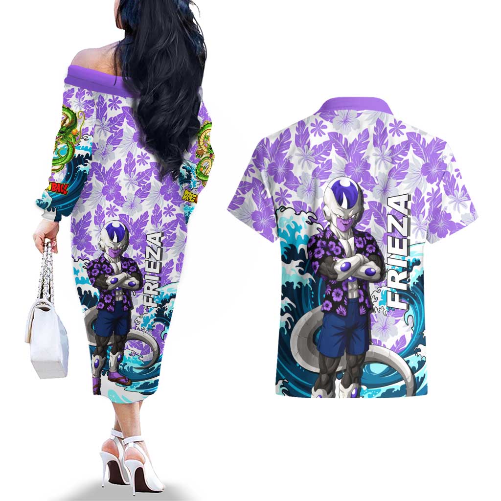 Frieza Dragon Ball Summer Theme Couples Matching Off The Shoulder Long Sleeve Dress and Hawaiian Shirt with Volleyball Floral Shirt and Shenron Tropical Design - The Mazicc