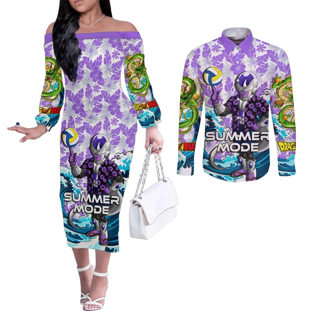 Frieza Dragon Ball Summer Theme Couples Matching Off The Shoulder Long Sleeve Dress and Long Sleeve Button Shirt with Volleyball Floral Shirt and Shenron Tropical Design - The Mazicc