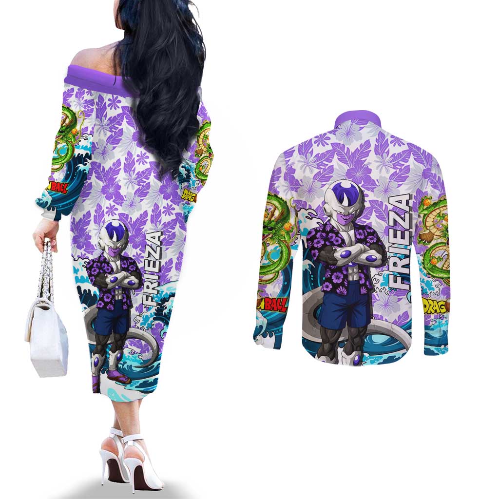 Frieza Dragon Ball Summer Theme Couples Matching Off The Shoulder Long Sleeve Dress and Long Sleeve Button Shirt with Volleyball Floral Shirt and Shenron Tropical Design - The Mazicc