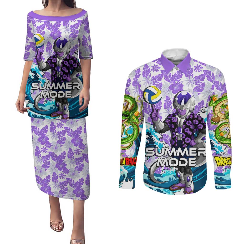 Frieza Dragon Ball Summer Theme Couples Matching Puletasi and Long Sleeve Button Shirt with Volleyball Floral Shirt and Shenron Tropical Design - The Mazicc
