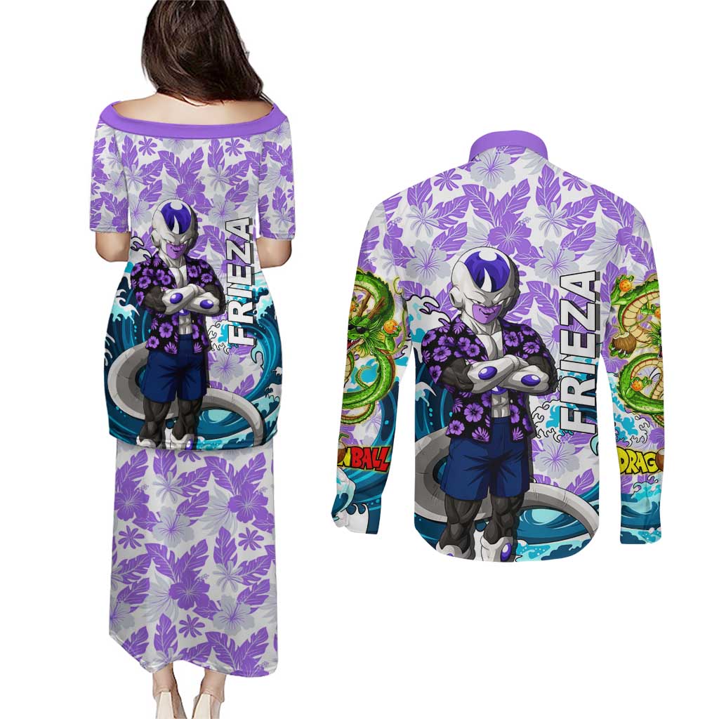 Frieza Dragon Ball Summer Theme Couples Matching Puletasi and Long Sleeve Button Shirt with Volleyball Floral Shirt and Shenron Tropical Design - The Mazicc