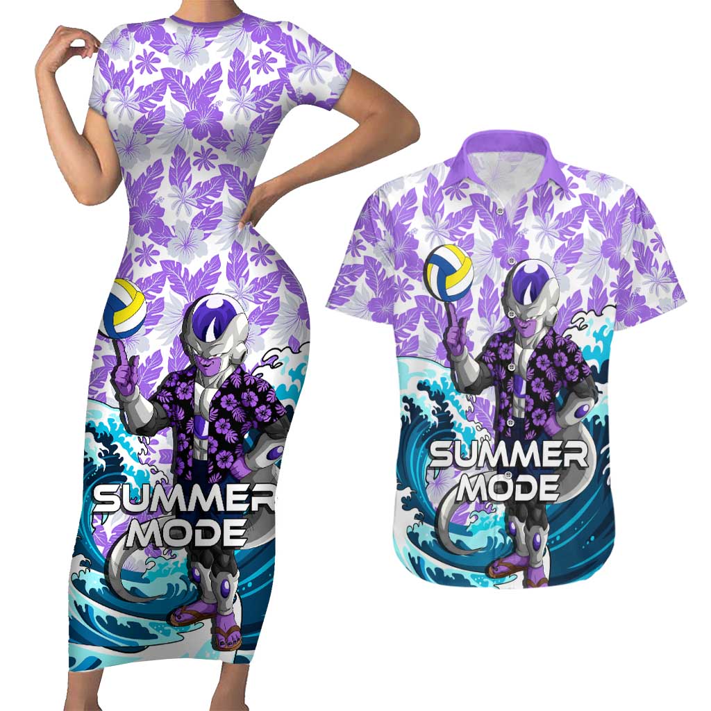 Frieza Dragon Ball Summer Theme Couples Matching Short Sleeve Bodycon Dress and Hawaiian Shirt with Volleyball Floral Shirt and Shenron Tropical Design - The Mazicc