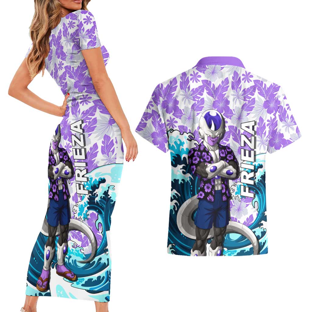 Frieza Dragon Ball Summer Theme Couples Matching Short Sleeve Bodycon Dress and Hawaiian Shirt with Volleyball Floral Shirt and Shenron Tropical Design - The Mazicc
