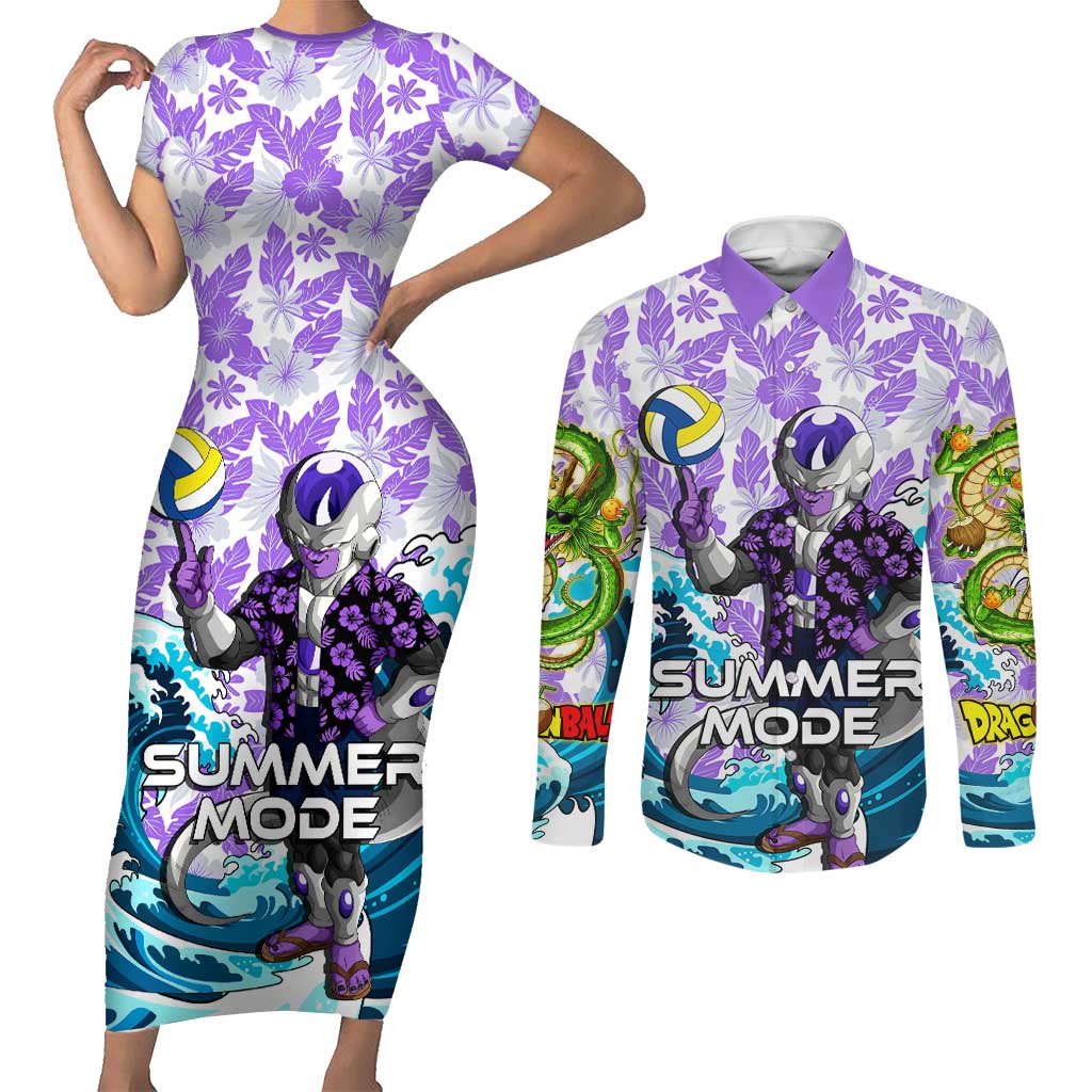 Frieza Dragon Ball Summer Theme Couples Matching Short Sleeve Bodycon Dress and Long Sleeve Button Shirt with Volleyball Floral Shirt and Shenron Tropical Design - The Mazicc