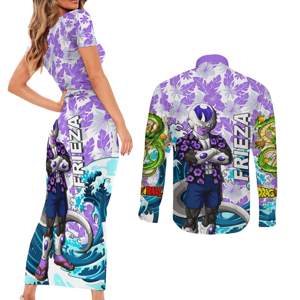 Frieza Dragon Ball Summer Theme Couples Matching Short Sleeve Bodycon Dress and Long Sleeve Button Shirt with Volleyball Floral Shirt and Shenron Tropical Design - The Mazicc