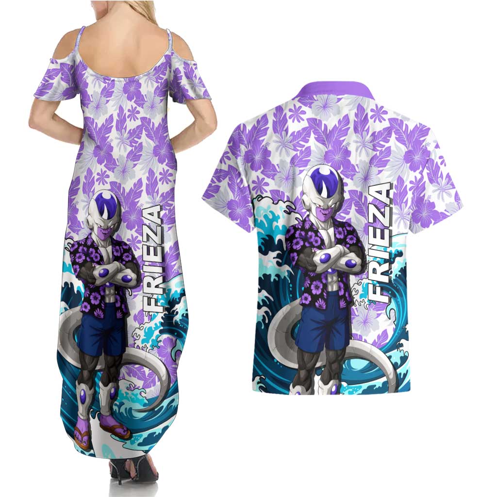 Frieza Dragon Ball Summer Theme Couples Matching Summer Maxi Dress and Hawaiian Shirt with Volleyball Floral Shirt and Shenron Tropical Design - The Mazicc