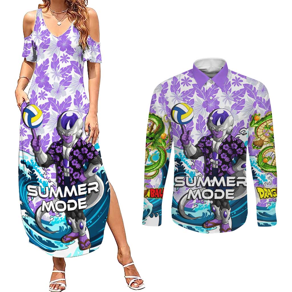 Frieza Dragon Ball Summer Theme Couples Matching Summer Maxi Dress and Long Sleeve Button Shirt with Volleyball Floral Shirt and Shenron Tropical Design - The Mazicc
