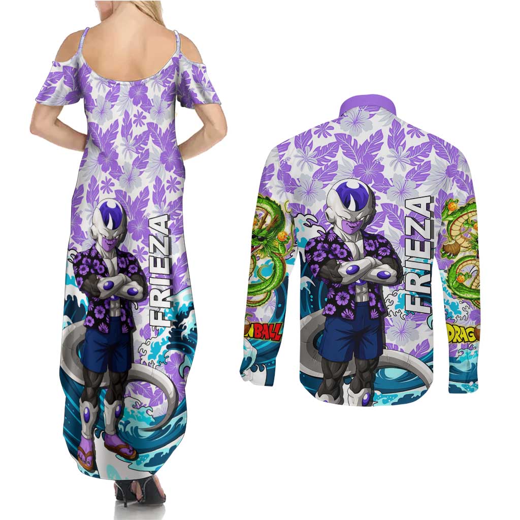 Frieza Dragon Ball Summer Theme Couples Matching Summer Maxi Dress and Long Sleeve Button Shirt with Volleyball Floral Shirt and Shenron Tropical Design - The Mazicc
