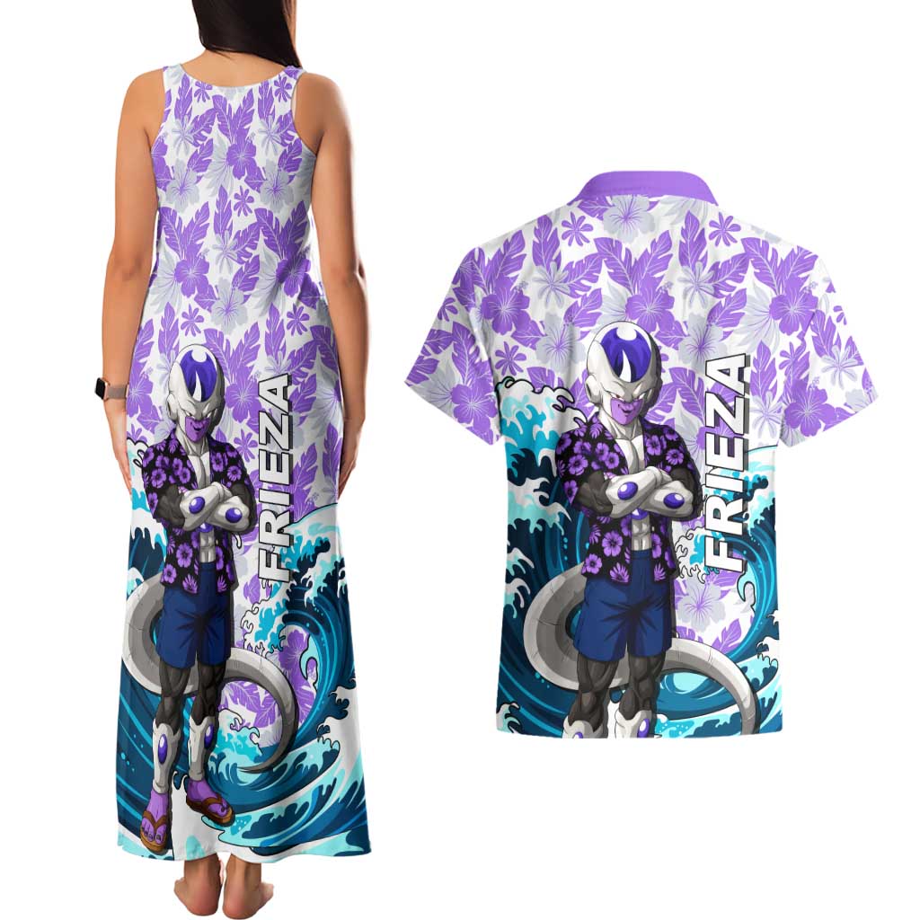 Frieza Dragon Ball Summer Theme Couples Matching Tank Maxi Dress and Hawaiian Shirt with Volleyball Floral Shirt and Shenron Tropical Design - The Mazicc