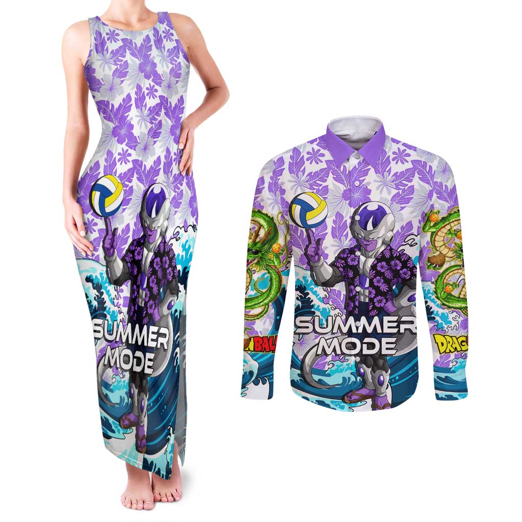 Frieza Dragon Ball Summer Theme Couples Matching Tank Maxi Dress and Long Sleeve Button Shirt with Volleyball Floral Shirt and Shenron Tropical Design - The Mazicc