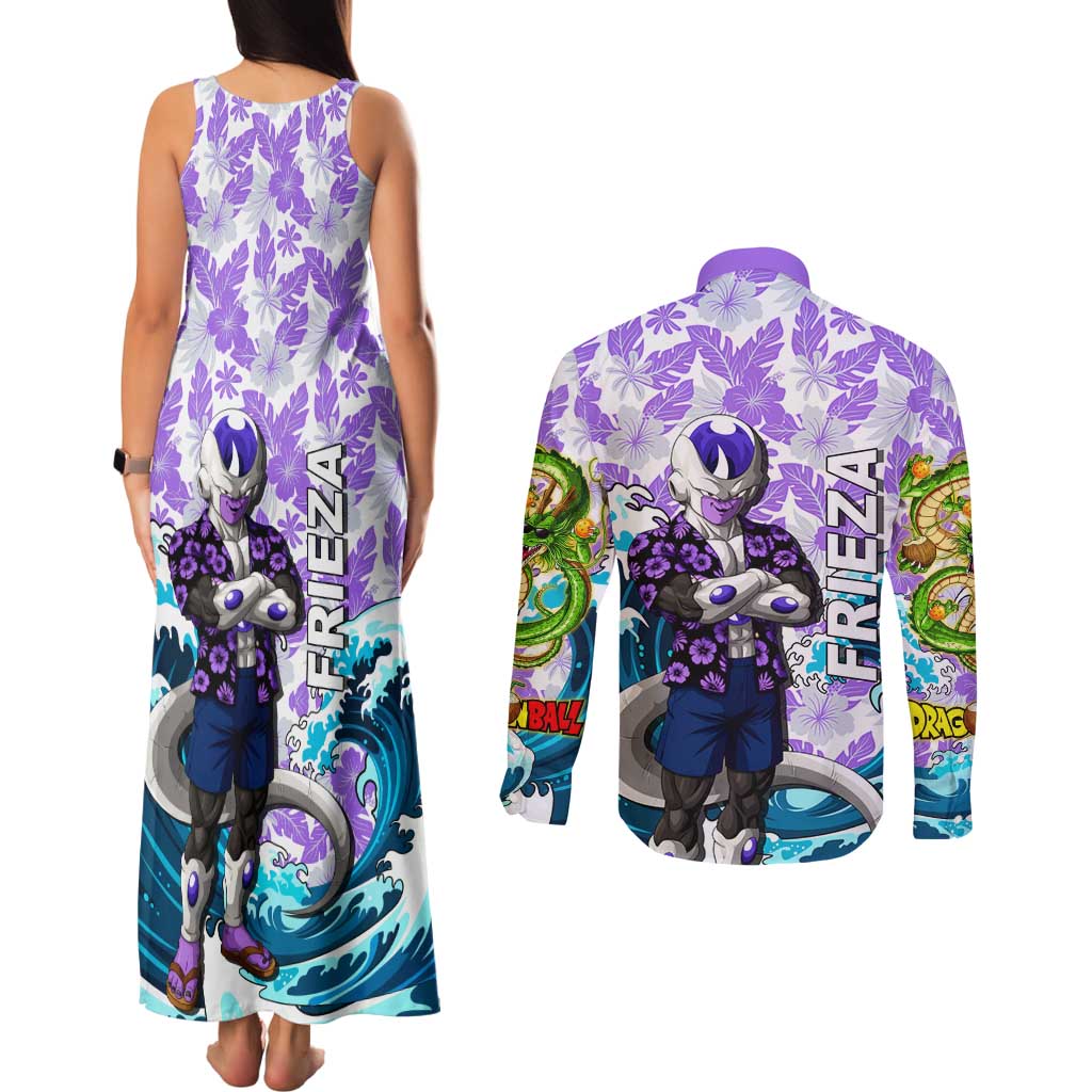 Frieza Dragon Ball Summer Theme Couples Matching Tank Maxi Dress and Long Sleeve Button Shirt with Volleyball Floral Shirt and Shenron Tropical Design - The Mazicc