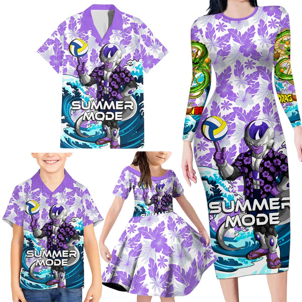 Frieza Dragon Ball Summer Theme Family Matching Long Sleeve Bodycon Dress and Hawaiian Shirt with Volleyball Floral Shirt and Shenron Tropical Design