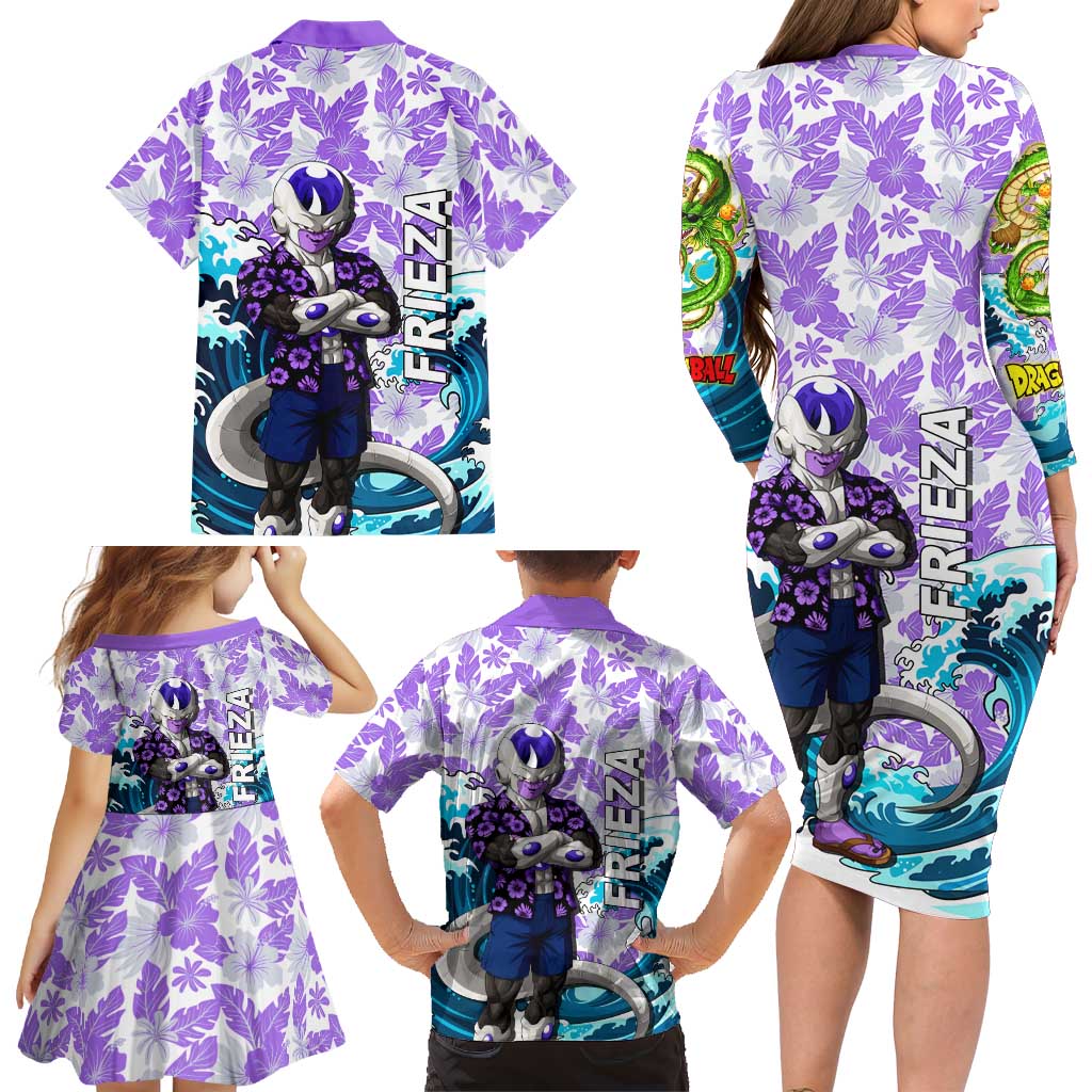 Frieza Dragon Ball Summer Theme Family Matching Long Sleeve Bodycon Dress and Hawaiian Shirt with Volleyball Floral Shirt and Shenron Tropical Design
