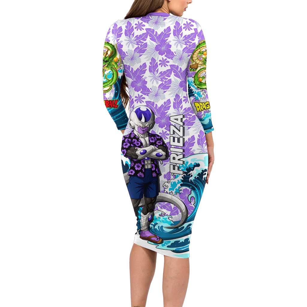 Frieza Dragon Ball Summer Theme Family Matching Long Sleeve Bodycon Dress and Hawaiian Shirt with Volleyball Floral Shirt and Shenron Tropical Design