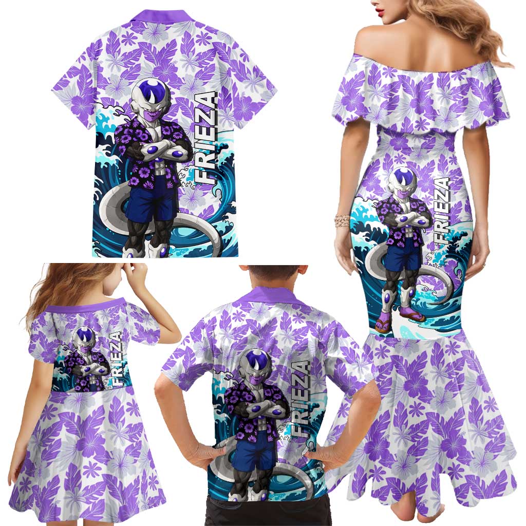 Frieza Dragon Ball Summer Theme Family Matching Mermaid Dress and Hawaiian Shirt with Volleyball Floral Shirt and Shenron Tropical Design