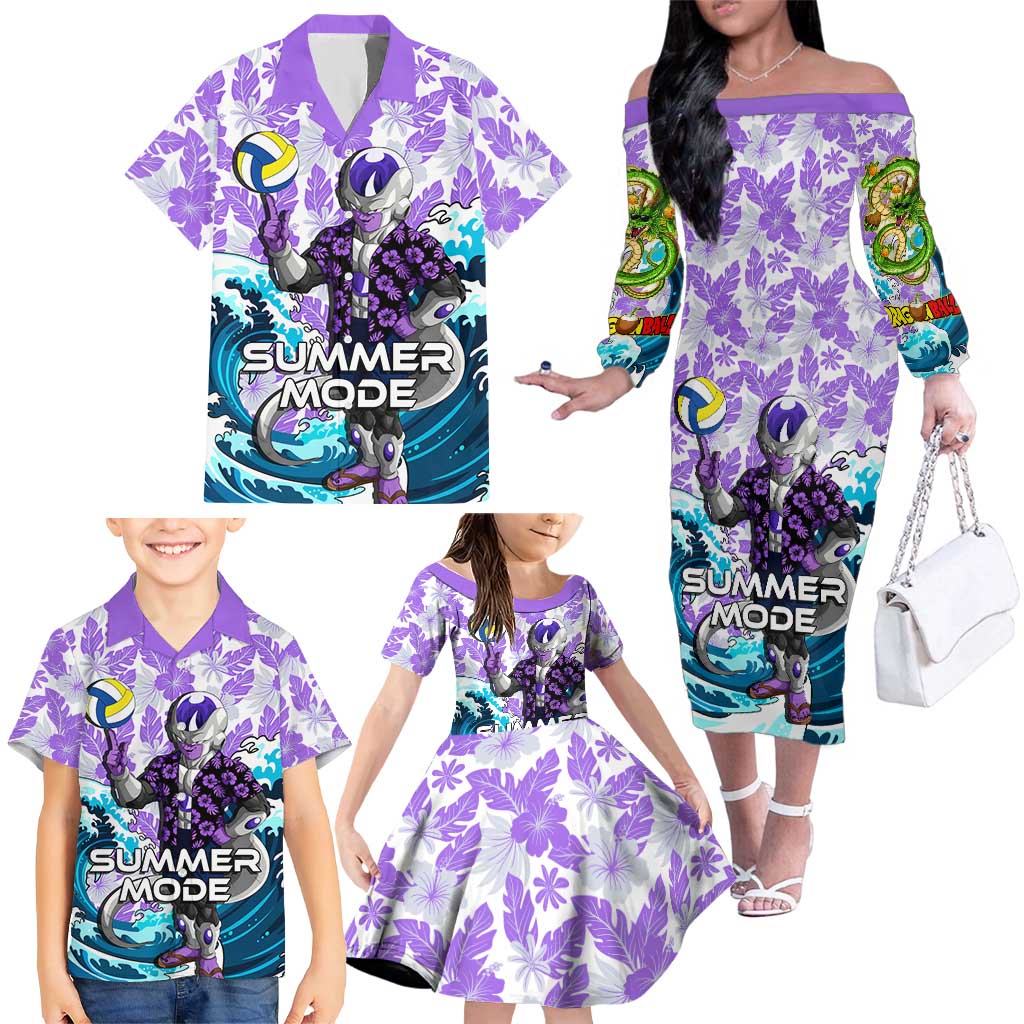 Frieza Dragon Ball Summer Theme Family Matching Off The Shoulder Long Sleeve Dress and Hawaiian Shirt with Volleyball Floral Shirt and Shenron Tropical Design