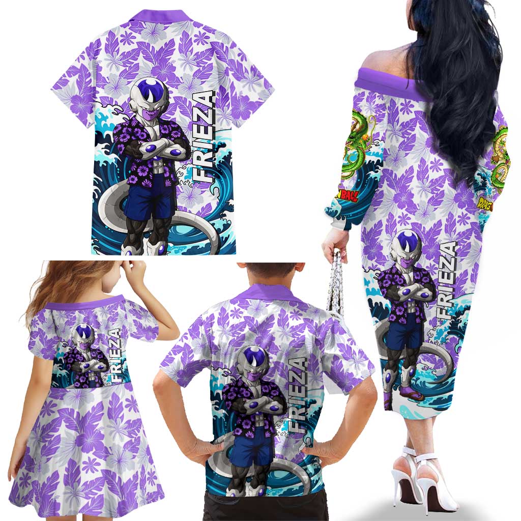 Frieza Dragon Ball Summer Theme Family Matching Off The Shoulder Long Sleeve Dress and Hawaiian Shirt with Volleyball Floral Shirt and Shenron Tropical Design