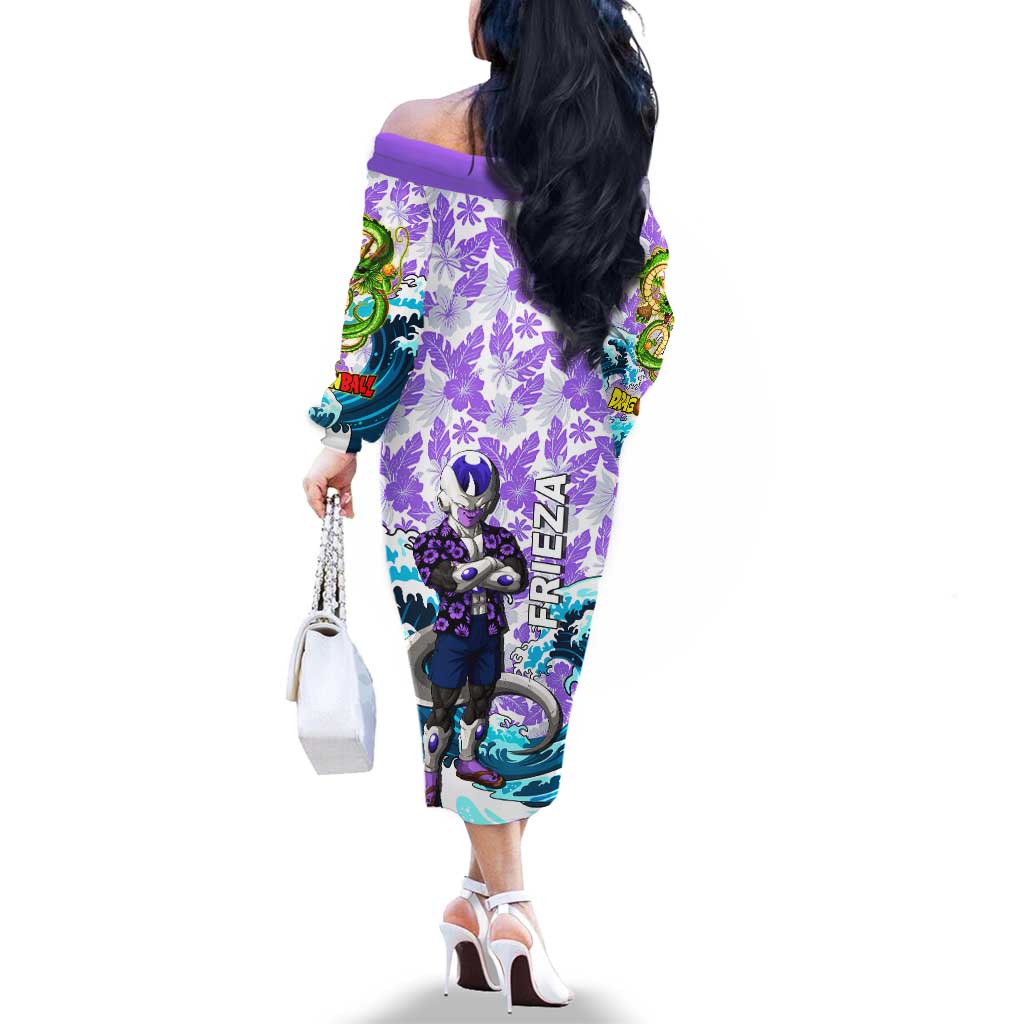 Frieza Dragon Ball Summer Theme Family Matching Off The Shoulder Long Sleeve Dress and Hawaiian Shirt with Volleyball Floral Shirt and Shenron Tropical Design