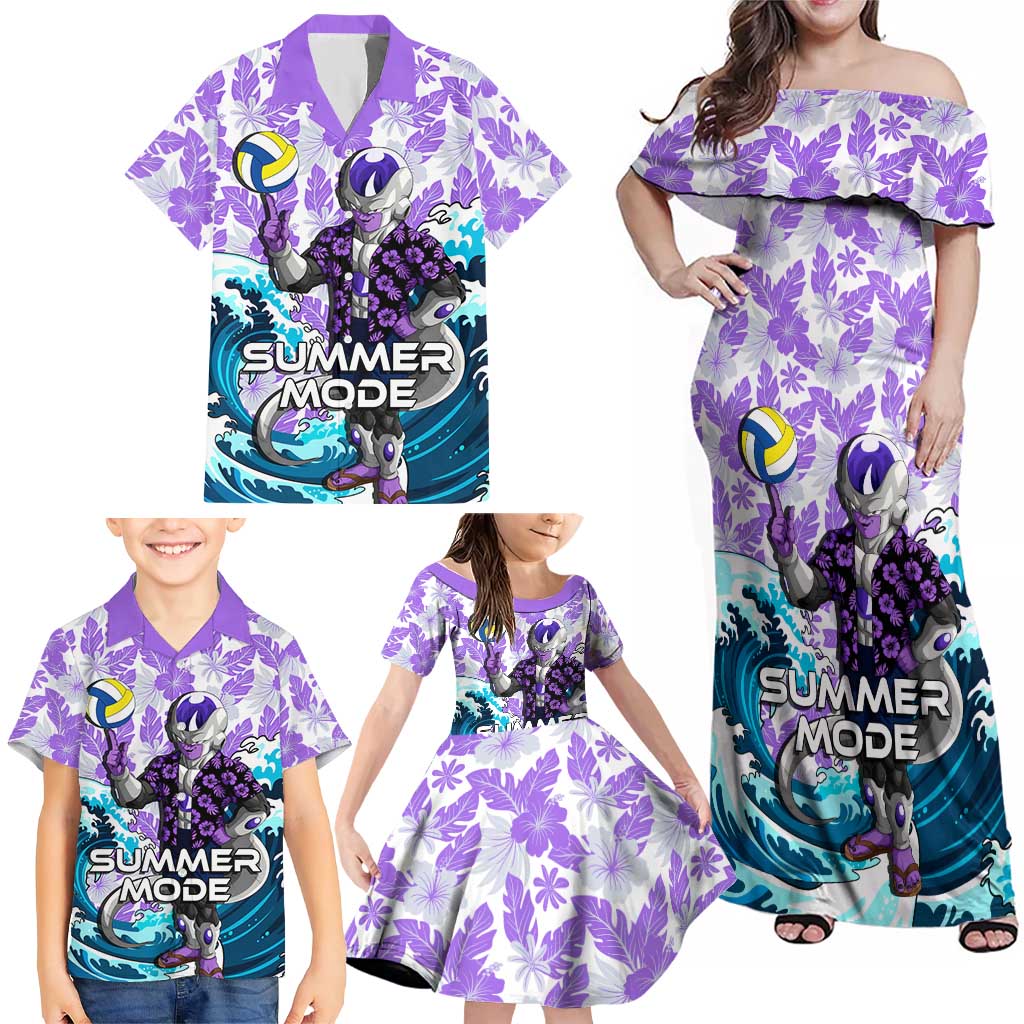 Frieza Dragon Ball Summer Theme Family Matching Off Shoulder Maxi Dress and Hawaiian Shirt with Volleyball Floral Shirt and Shenron Tropical Design