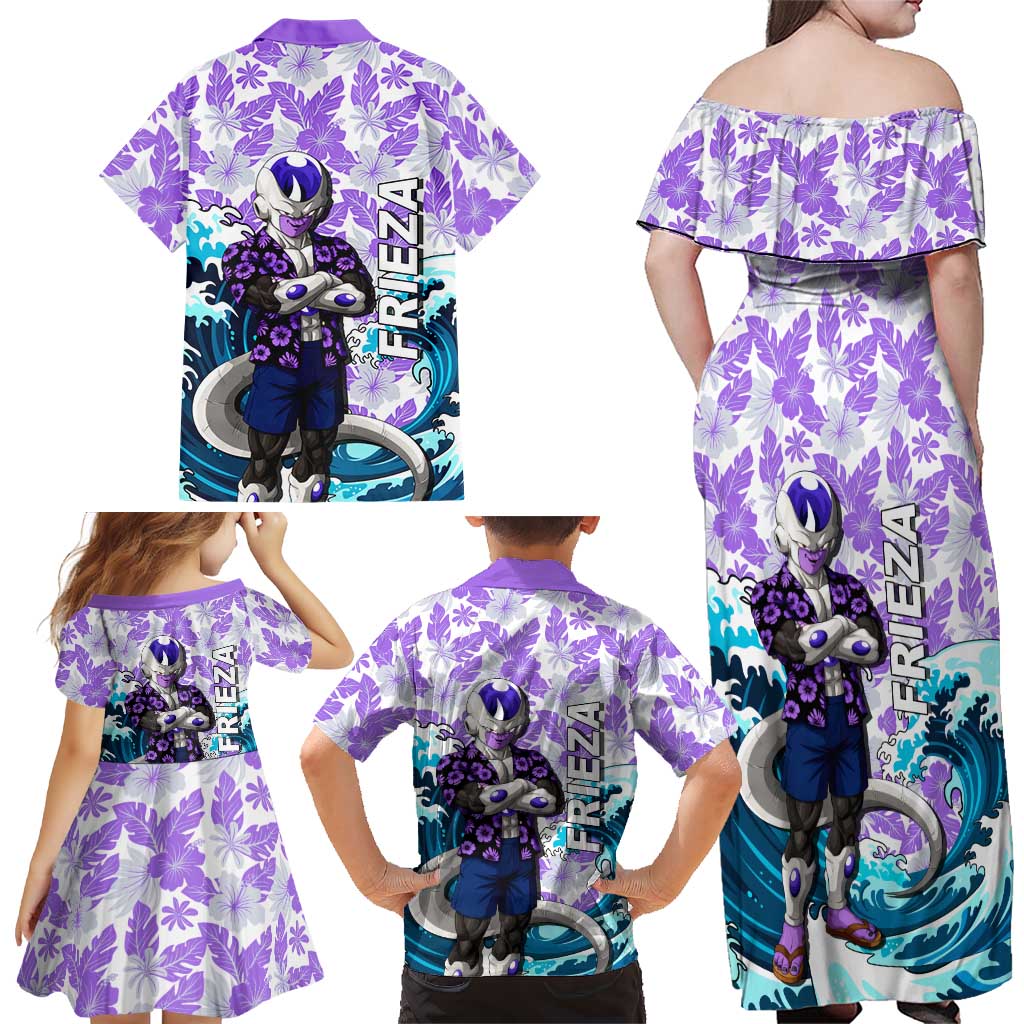 Frieza Dragon Ball Summer Theme Family Matching Off Shoulder Maxi Dress and Hawaiian Shirt with Volleyball Floral Shirt and Shenron Tropical Design