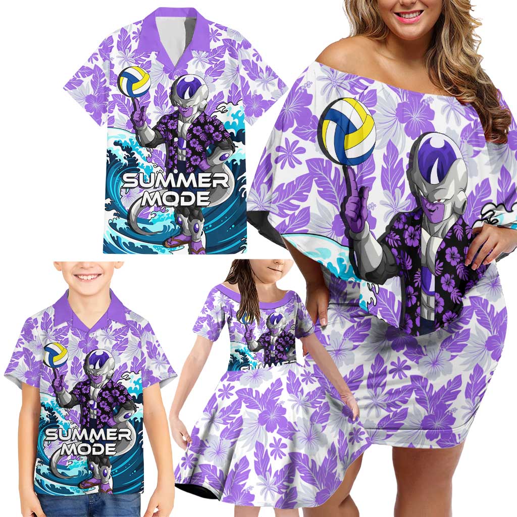 Frieza Dragon Ball Summer Theme Family Matching Off Shoulder Short Dress and Hawaiian Shirt with Volleyball Floral Shirt and Shenron Tropical Design